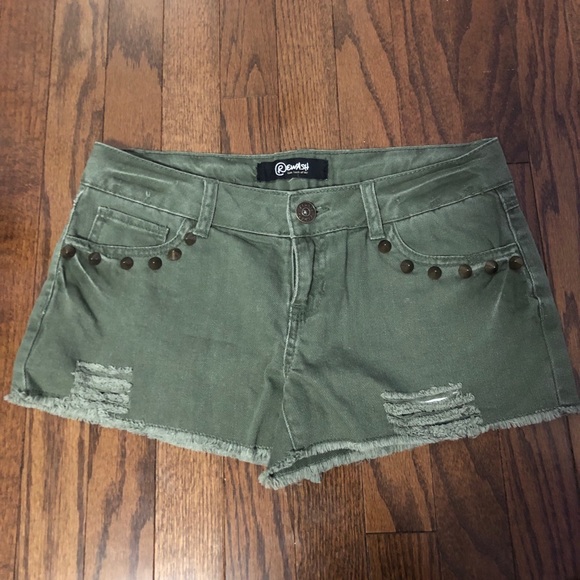 Olive Green Distressed and Studded Shorts - Picture 2 of 3